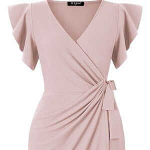 Oten ruffle sleeve faux wrap dress in nude pink